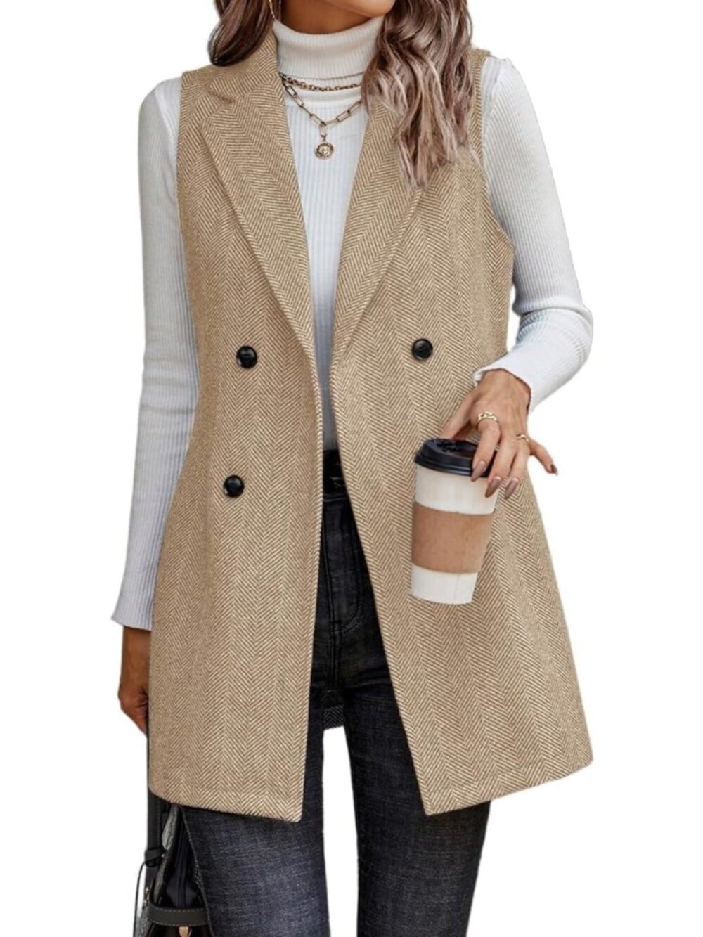 Chic Sleeveless Long Vest for Women - Tweed Blazer Fall Jacket Cardigan